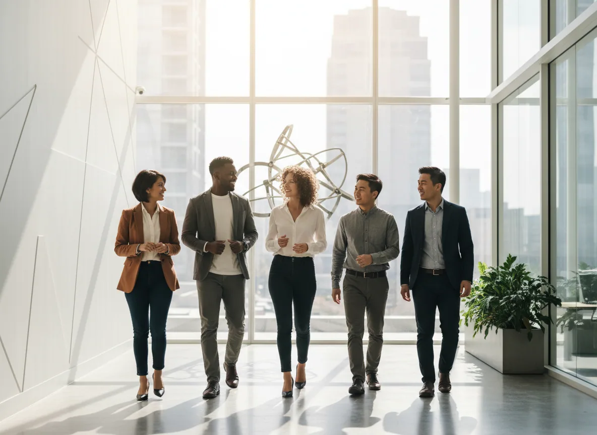 BlueRobotAI team members walking together through a bright office