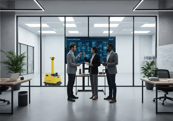 Technology partners planning a robotics deployment in a BlueRobotAI lab